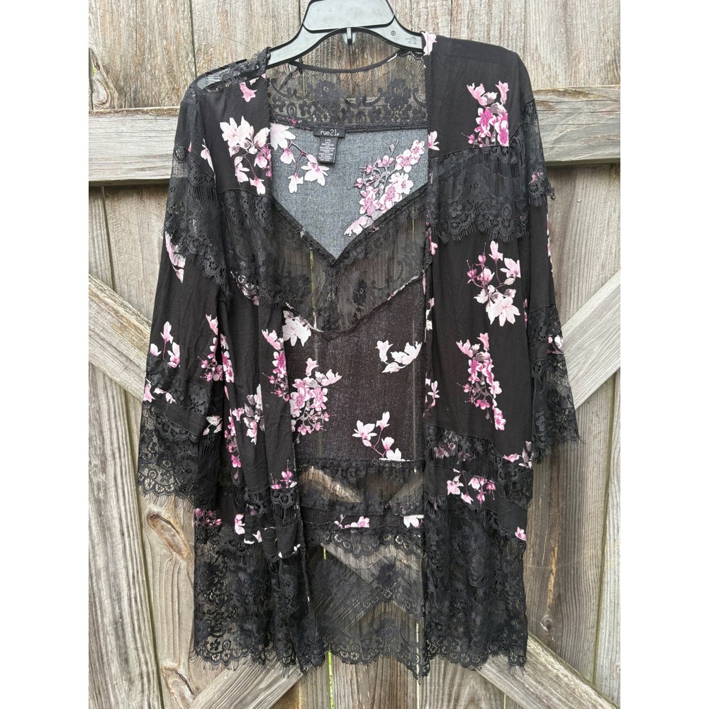 Rue21 Black Pink Floral Lace Trim Kimono Cardigan Wrap L/XL Boho Festival